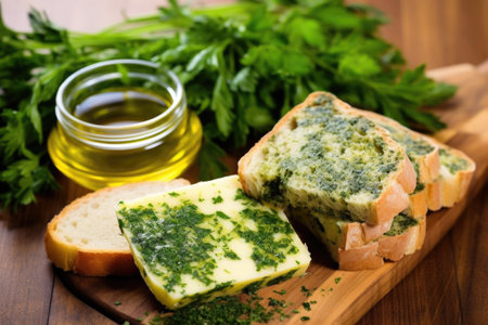 a handful of fresh herbs, grilled bread, and garlic herb butter, created with generative aiの素材