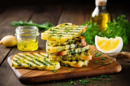 whole and sliced grilled bread with garlic herb butter, created with generative aiの素材