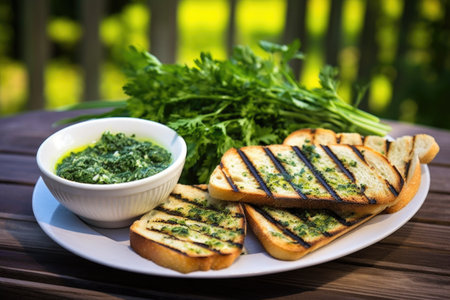 fresh herbs alongside garlic herb butter grilled bread, created with generative aiの素材