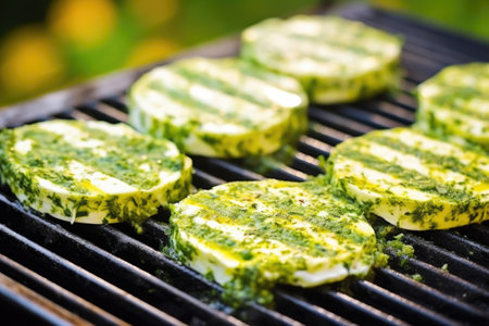 grilling bread on an outdoor bbq, of garlic herb butter in sight, created with generative aiの素材
