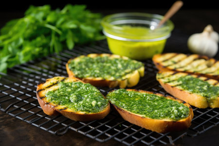 grilled bread on a cooling rack, dollop of garlic herb butter on side, created with generative aiの素材