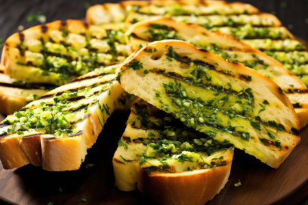 diagonal cut of grilled bread smeared with garlic herb butter, created with generative aiの素材