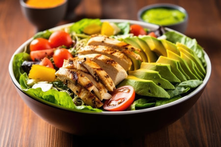 grilled chicken salad mixed with ripe avocado and corn, created with generative aiの素材