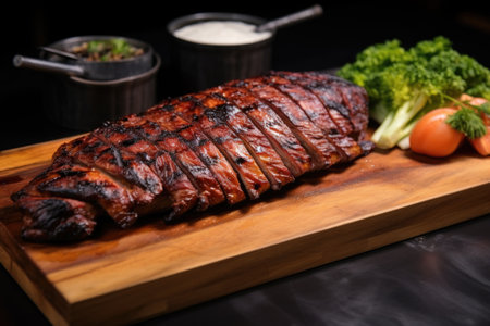 close up of grilled duck with a crispy skin on a wooden platter, created with generative aiの素材