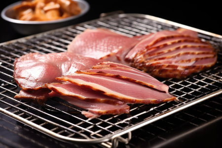 neatly sliced duck on an aluminum grill plate, created with generative aiの素材