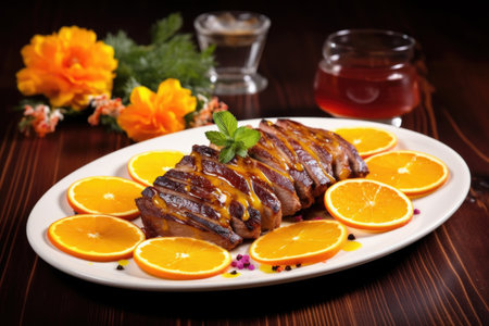 grilled duck served with an orange glaze, created with generative aiの素材