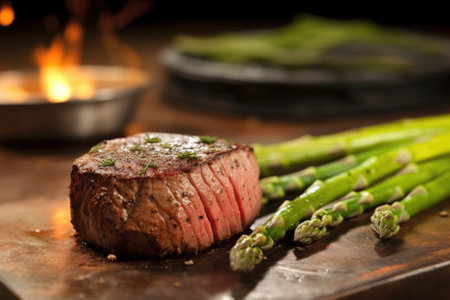 smoky grilled filet mignon with a side of asparagus, created with generative aiの素材