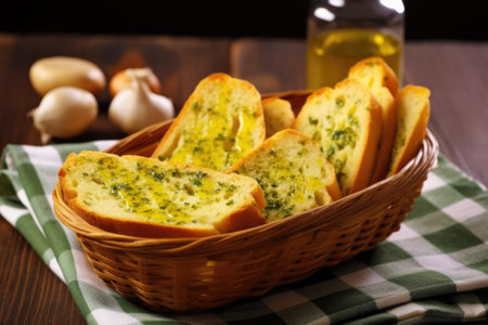 grilled garlic bread inside a wooden basket with butter, created with generative aiの素材