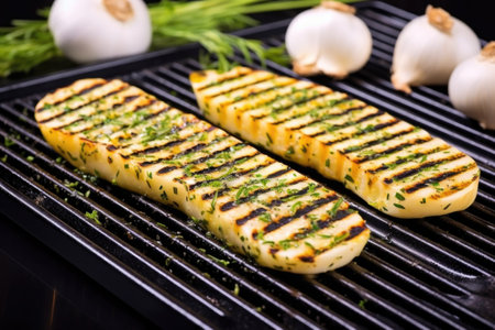 garlic bread with grill marks on a stone countertop, created with generative aiの素材