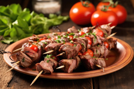 heap of grilled lamb kebabs on a rustic wooden plate, created with generative aiの素材