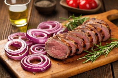 grilled lamb kebabs and fresh red onion rings, created with generative aiの素材