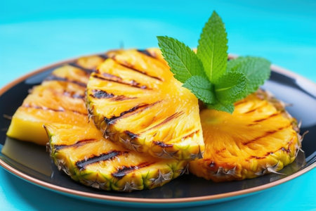 triangular grilled pineapple slices laid on a bright turquoise plate, created with generative aiの素材
