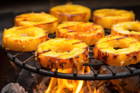 pineapple rings getting roasted on a bonfire grill, created with generative aiの素材