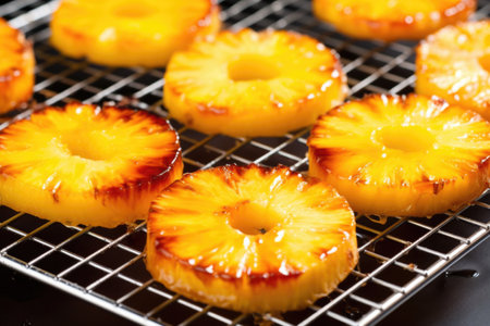 glazed pineapple slices on a cooling rack, created with generative aiの素材