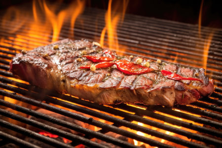 grilled porterhouse steak with charring edges in flames, created with generative aiの素材