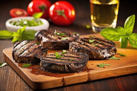 grilled portobello mushrooms on a rustic wooden board, created with generative aiの素材