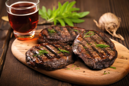 grilled portobello mushroom with visible juices on a wooden table, created with generative aiの素材
