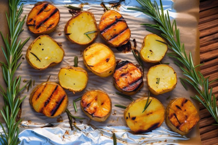overhead shot of grilled potatoes and rosemary on a wax paper, created with generative aiの素材