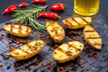 grilled potatoes with rosemary and red chili flakes on a stone surface, created with generative aiの素材