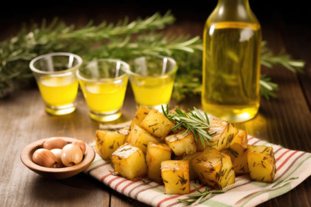 skewers of grilled potatoes with rosemary, olive oil bottle nearby, created with generative aiの素材