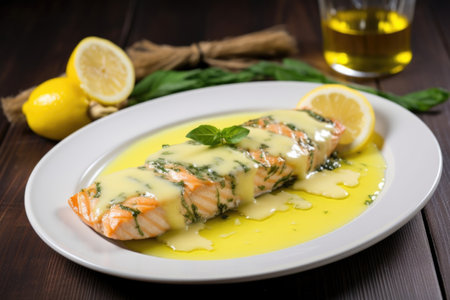 grilled salmon steak topped with lemon butter sauce, created with generative aiの素材