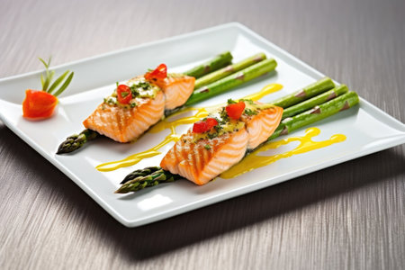 plated salmon with grilled asparagus, created with generative aiの素材