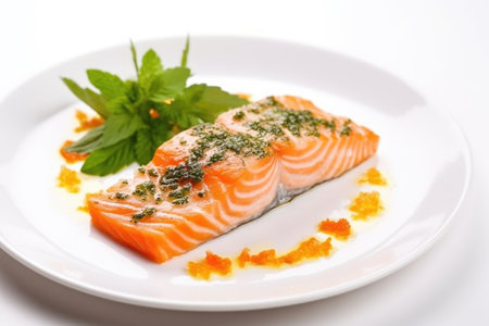 salmon steak garnished with herbs on a white plate, created with generative aiの素材