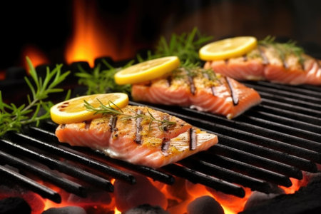 salmon steak on grill with lemon slices, created with generative aiの素材