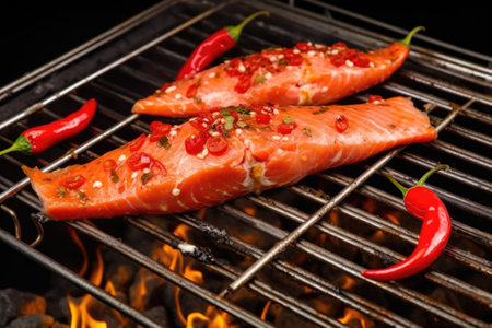 salmon on grill rack with red chili sprinkled on it, created with generative aiの素材