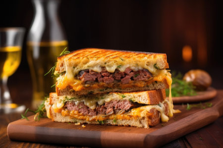 brick-pressed grilled meat sandwich with cheese oozing out, created with generative aiの素材