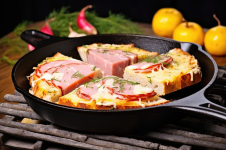 bread with cheese and ham under a brick in grill pan, created with generative aiの素材
