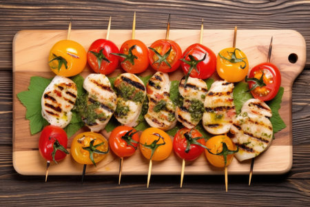 overhead view of grilled scallops on a wooden board, created with generative aiの素材