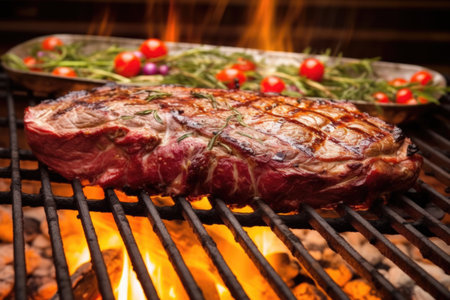 whole sirloin steak on a barbecue with flames, created with generative aiの素材