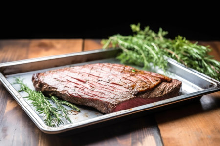 side view of a grilled flank steak on a rustic metal tray, created with generative aiの素材
