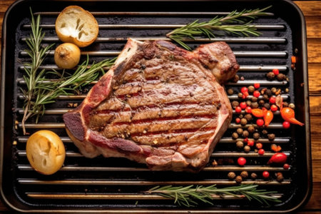 overhead shot of t-bone steak on a grill pan, created with generative aiの素材