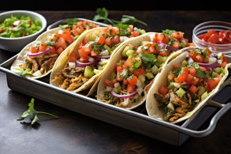 assorted grilled vegan tacos on an oval tray, created with generative aiの素材