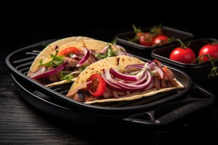 grilled brisket tacos with red onion on a black plate, created with generative aiの素材