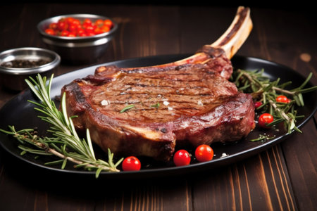 grilled tomahawk steak on an enamel dish with rosemary, created with generative aiの素材