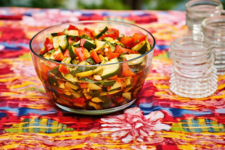glass dish full of grilled vegetable mix on a floral tablecloth, created with generative aiの素材