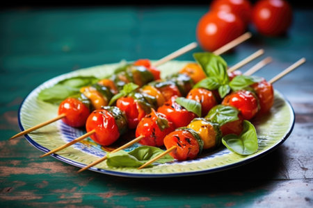 brightly grilled cherry tomatoes on skewers plated with basil leaves, created with generative aiの素材