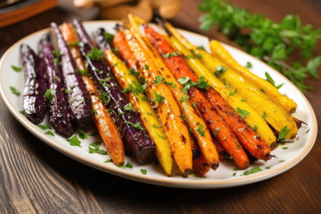 ceramic plate of freshly grilled rainbow carrots, created with generative aiの素材