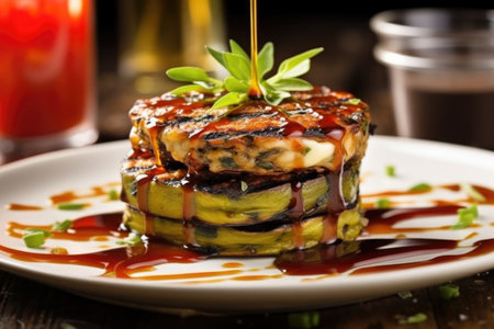 grilled veggie burger topped with a dripping sauce, created with generative aiの素材