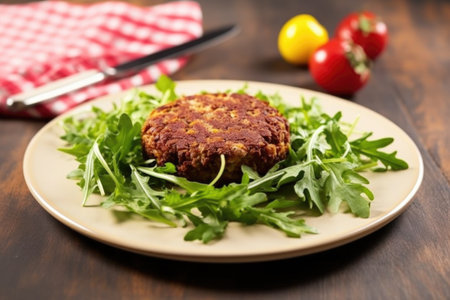 a beetroot burger with arugula on a ceramic plate, created with generative aiの素材
