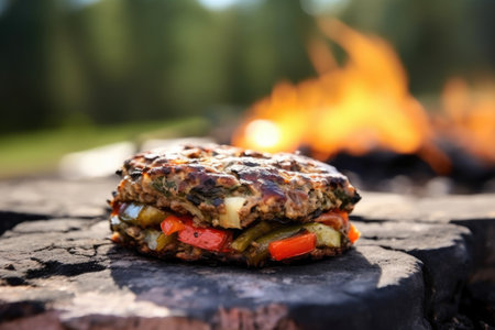 grilled veggie burger on a stone plate with a blurry background, created with generative aiの素材