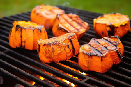 shiny, charred chunks of pumpkin on a barbecue, created with generative aiの素材