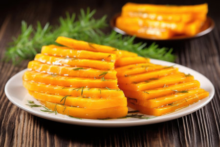 grilled slices of butternut squash arranged on plate, created with generative aiの素材