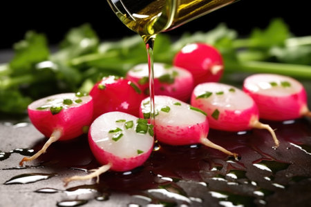 close-up view of olive oil drizzling on grilled radishes, created with generative aiの素材
