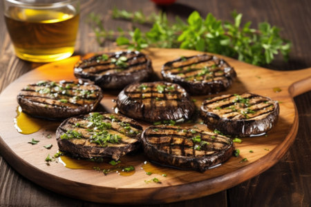 grilled portobello mushrooms glistening with olive oil, created with generative aiの素材