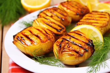 close-up of juicy grilled fennel bulbs, created with generative aiの素材