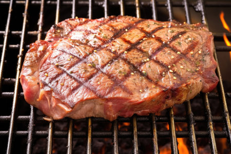 top view of steak on grill with grill lines visible, created with generative aiの素材
